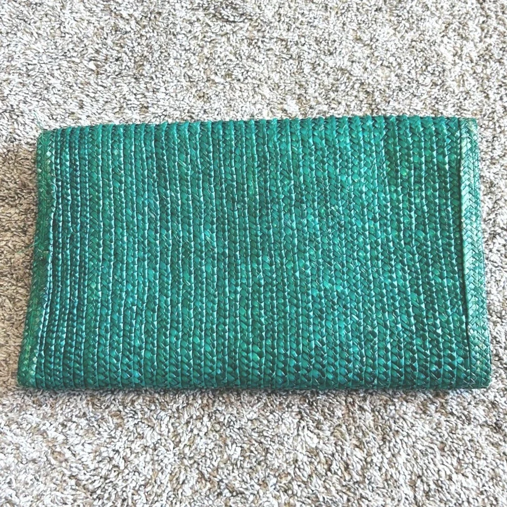 Vintage Green Woven Straw Envelope Clutch Bag Emerald Summer Beach Handbag